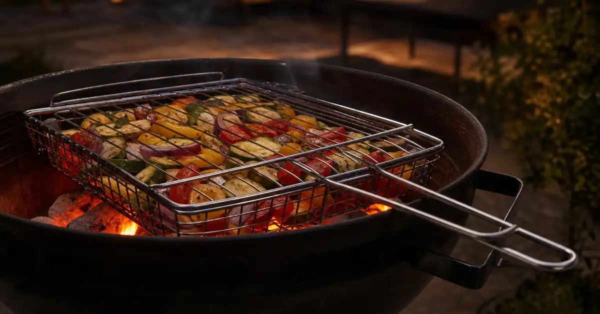 A stainless steel grill basket filled with sliced vegetables over glowing charcoal at dusk