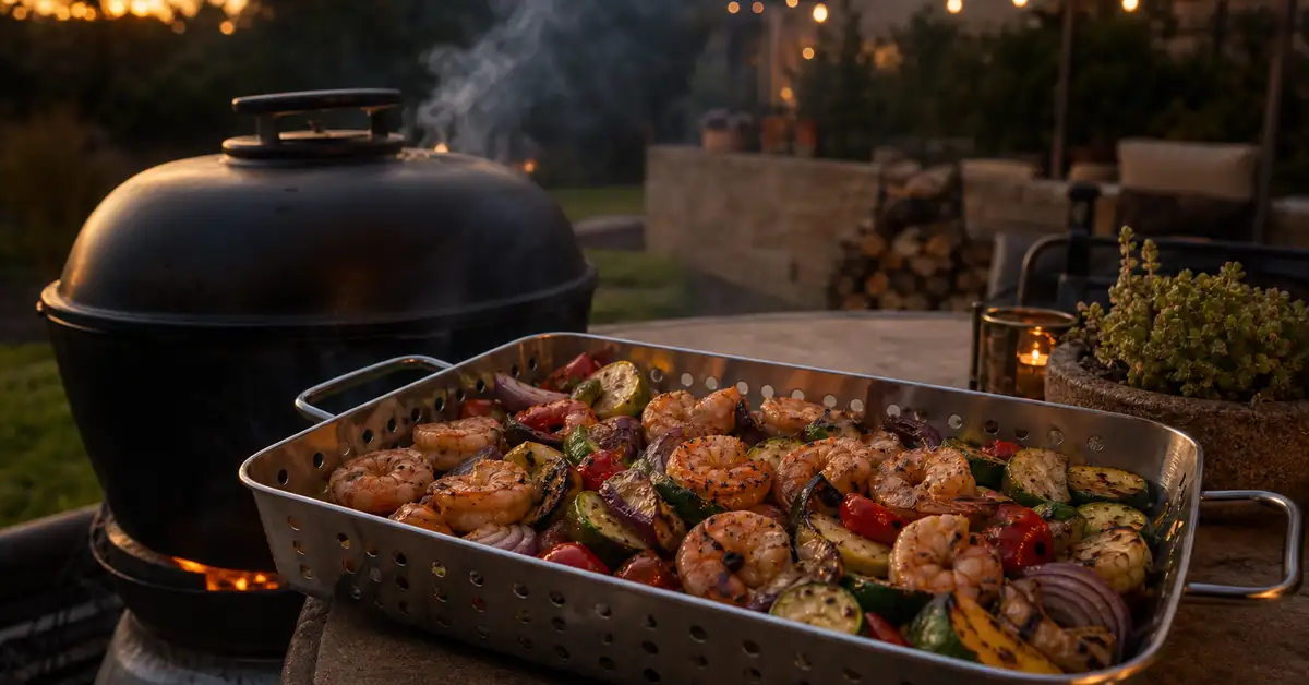A large stainless steel grill basket loaded with mixed vegetables and shrimp beside grilling tools on a backyard patio table at dusk