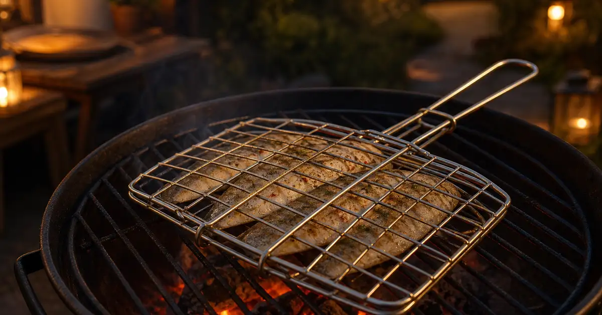 A folding stainless steel grill basket holding fish fillets over a charcoal grill, closed and ready to flip