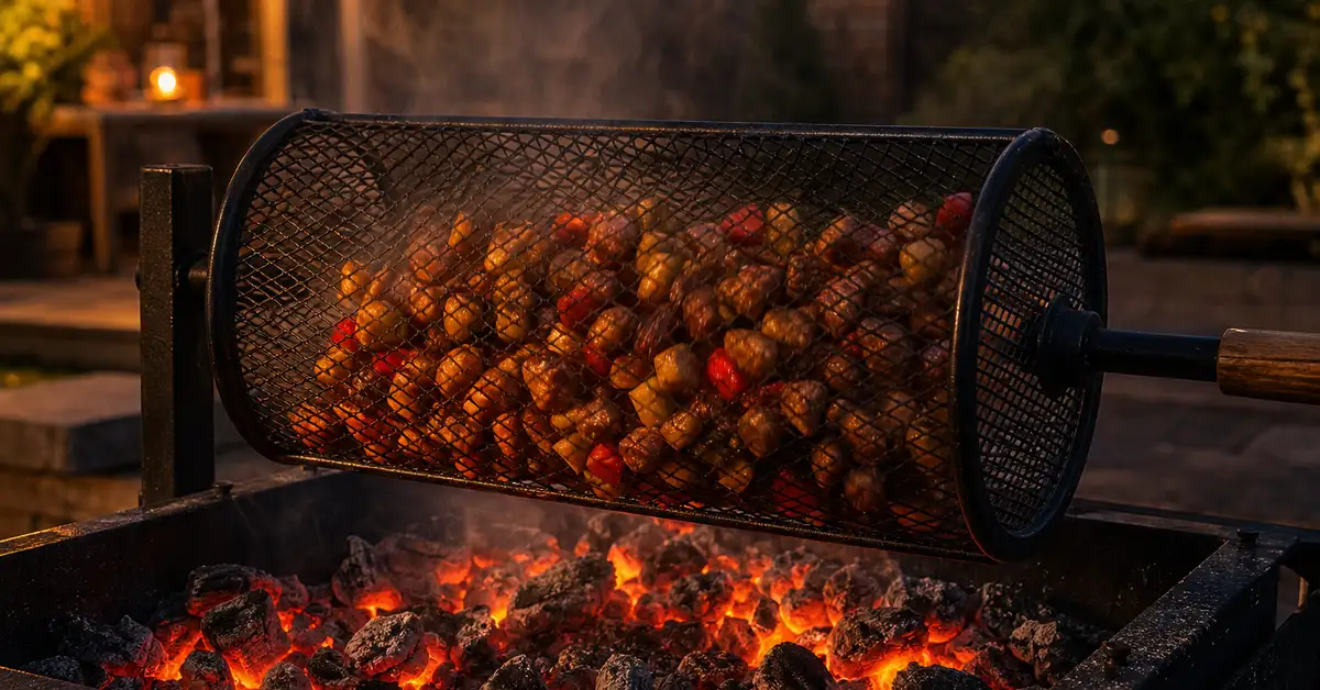 Cubed kabob skewers and small vegetables tumbling inside a rolling cylinder grill basket over hot coals