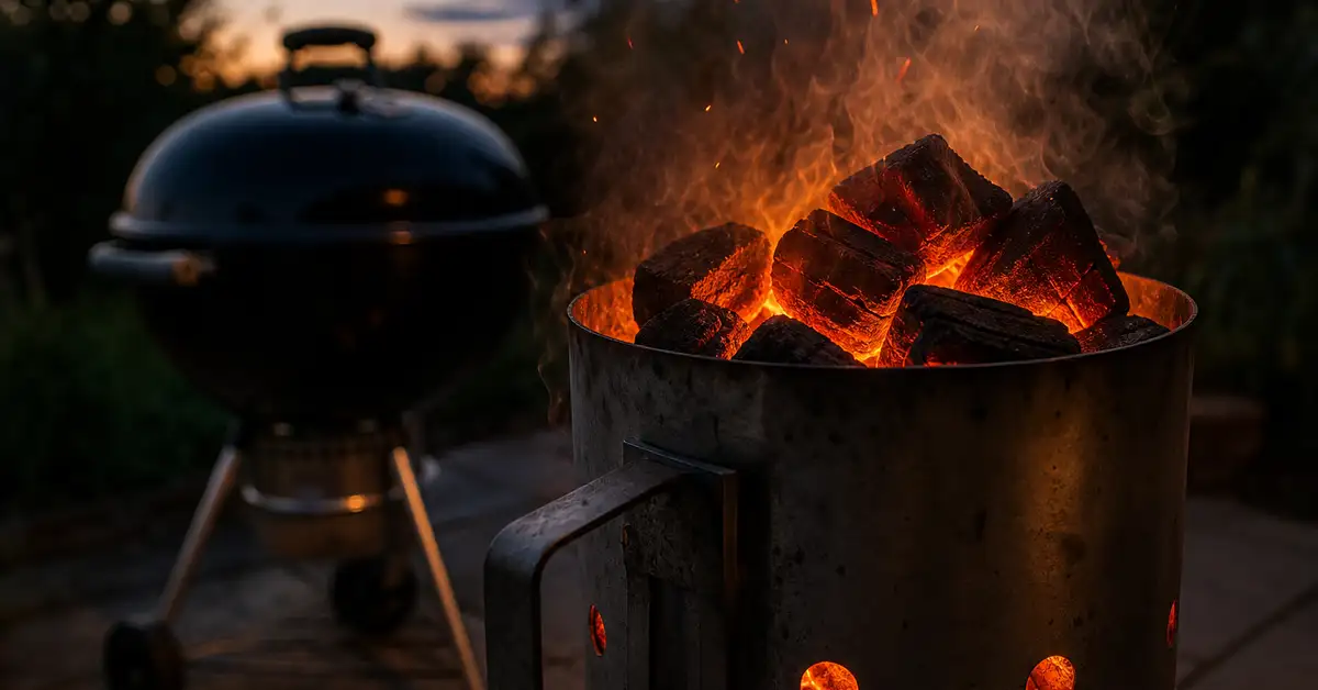 A charcoal chimney starter glowing with hot embers at dusk, smoke drifting upward on a backyard patio