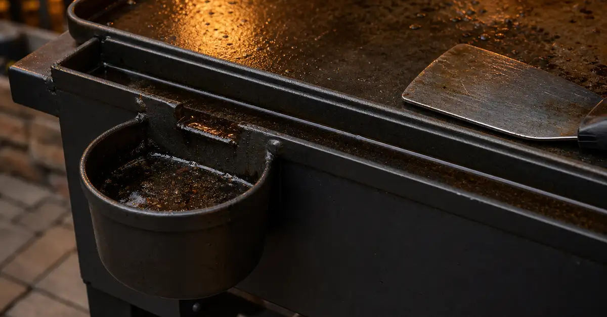 Grease cup and drain channel at the front edge of an outdoor steel griddle with a metal scraper nearby