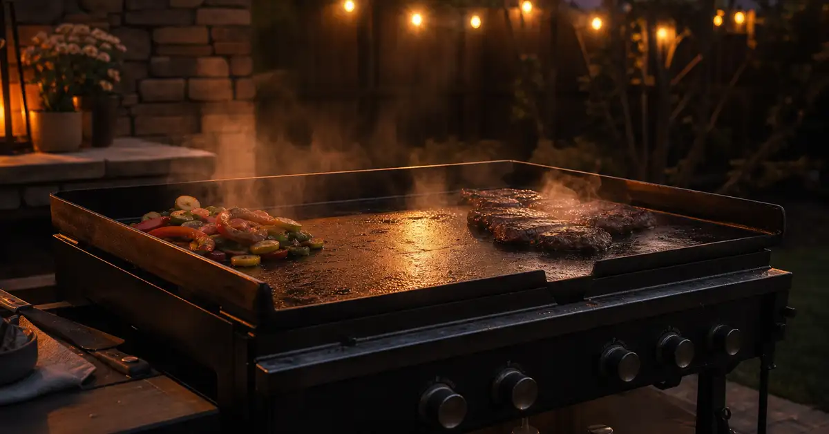 A flat-top griddle surface glowing with warm ember light at dusk