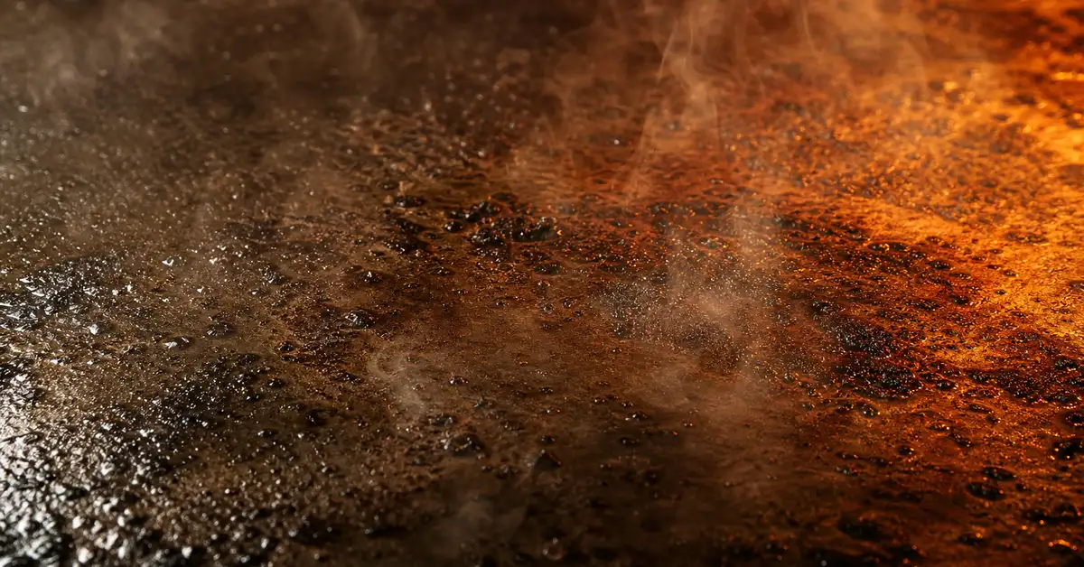 Close-up of a hot seasoned steel griddle surface with sear marks and rising steam