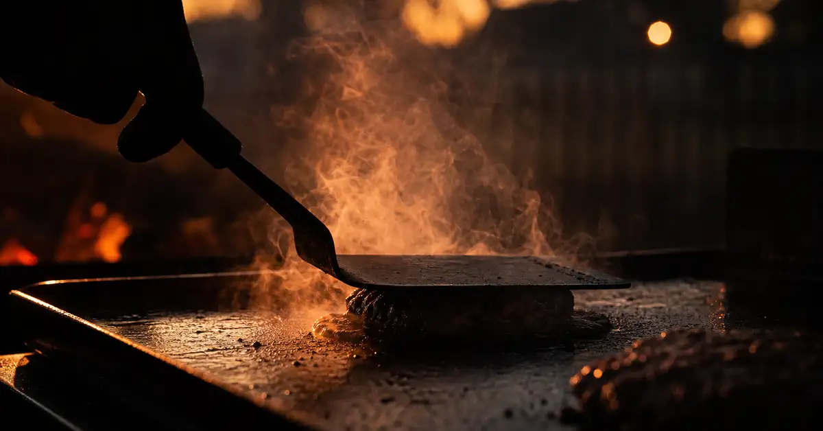 Silhouette of a spatula pressing a smash burger onto a hot outdoor griddle with backlit steam