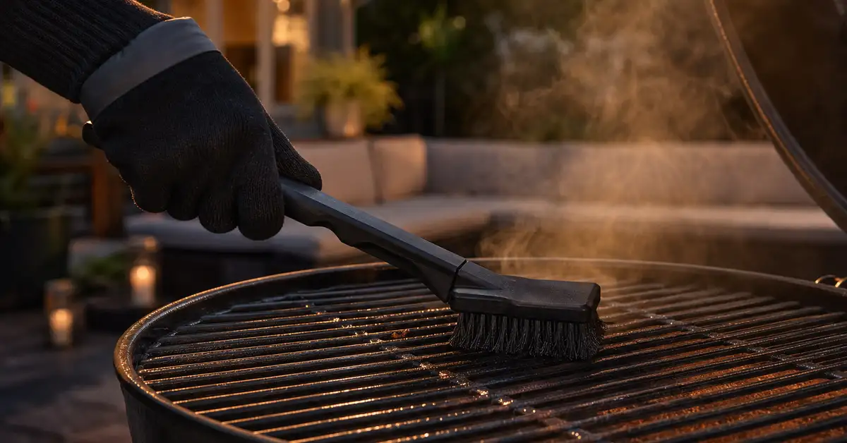 A gloved hand using a nylon-bristle brush to clean a warm porcelain-enameled grill grate on a backyard patio at dusk