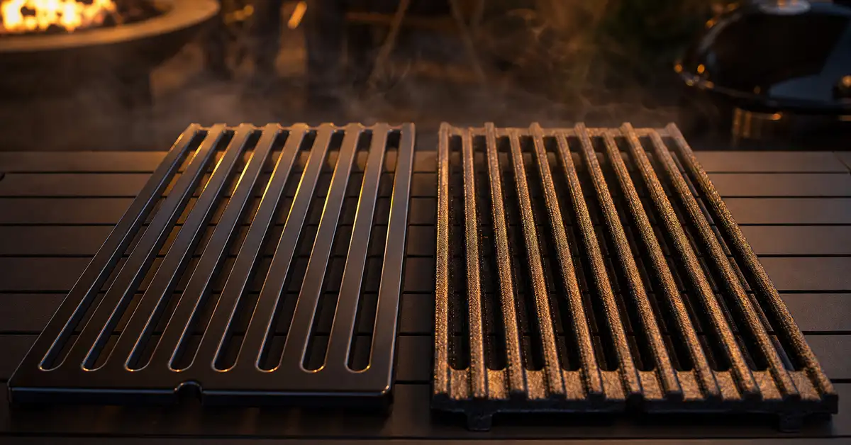 A smooth porcelain-enameled cast iron grill grate next to a bare textured cast iron grill grate, showing the material difference
