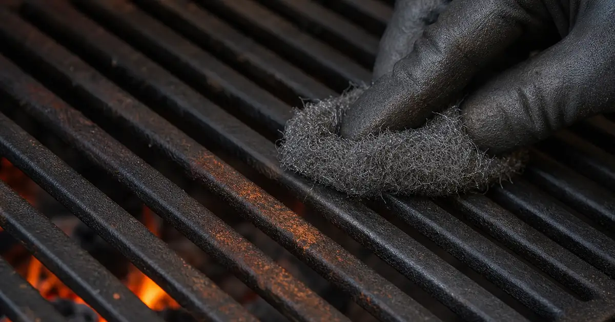 Fine steel wool treating a small patch of surface rust on a bare cast iron grill grate