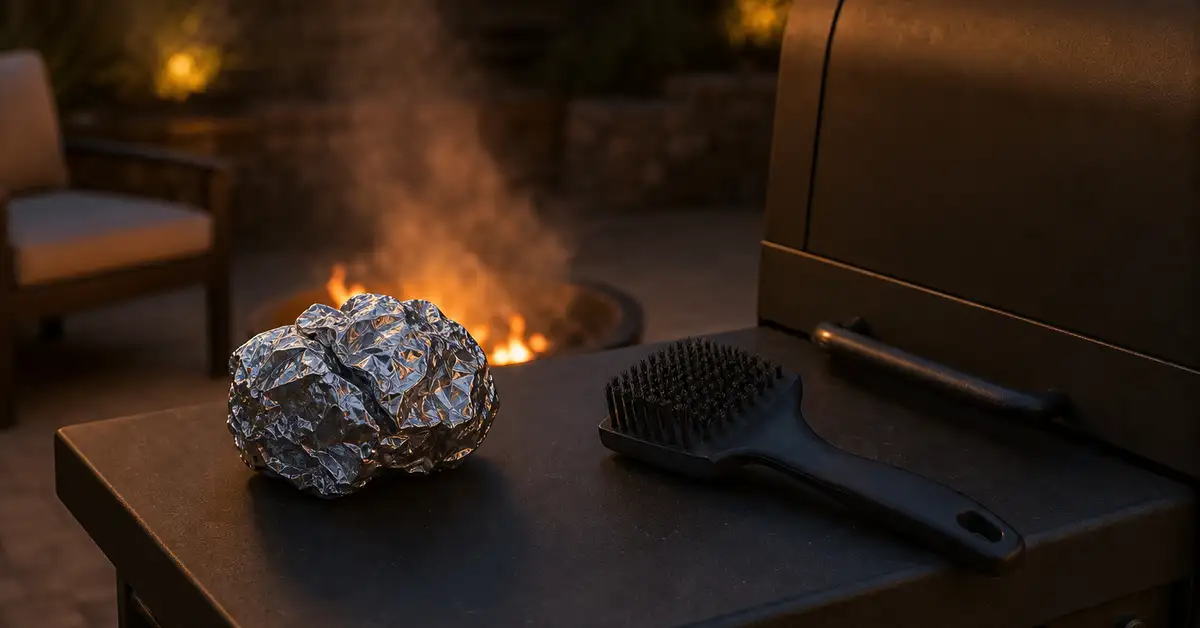 A folded ball of foil and a bristle-free nylon grill brush resting on a grill's side shelf at dusk