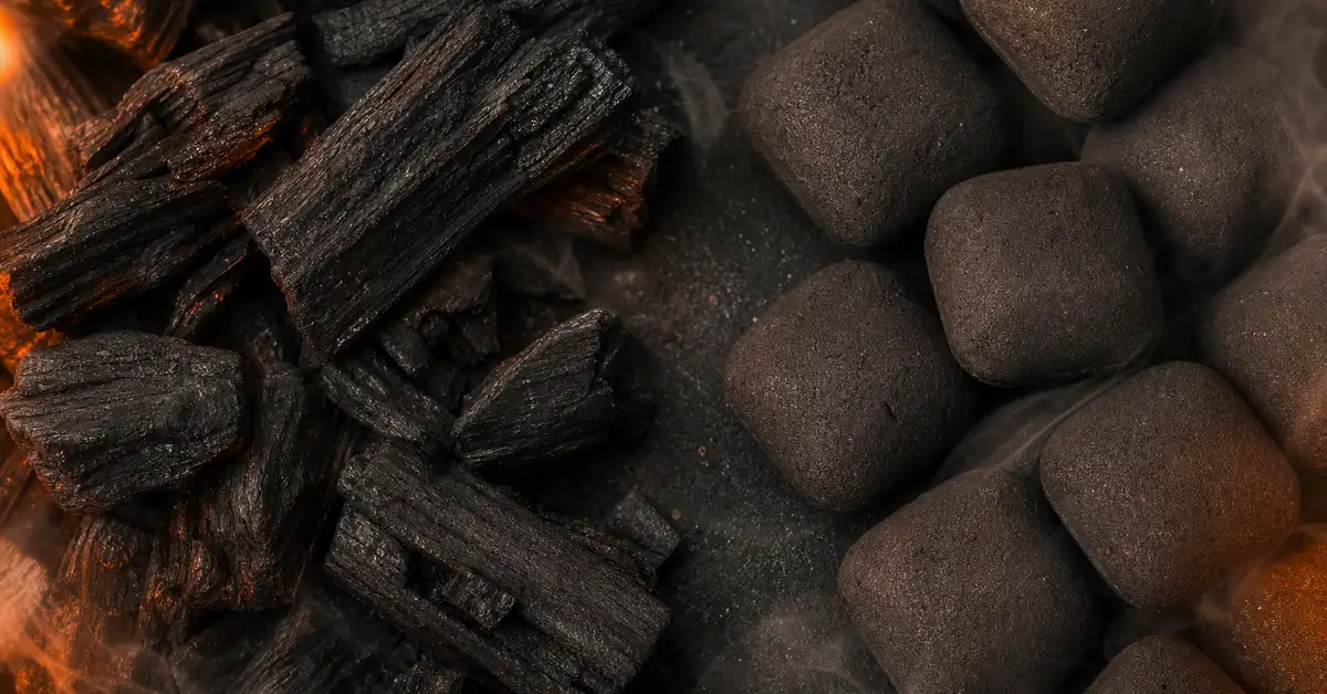 Irregular lump charcoal chunks next to uniform pressed charcoal briquettes, side by side on a dark surface